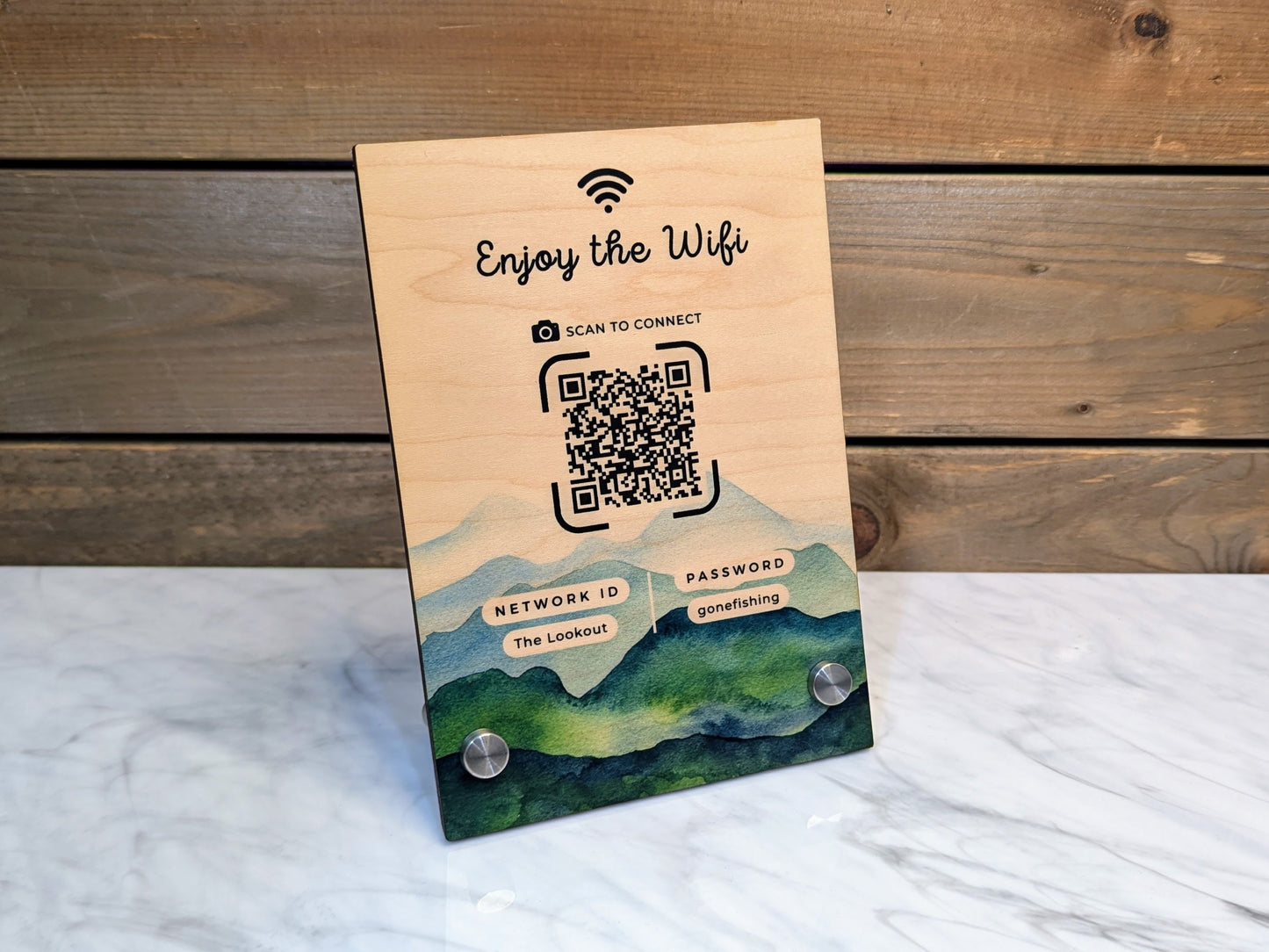 Wifi QR Code 5x7" Wood Sign - Mountains