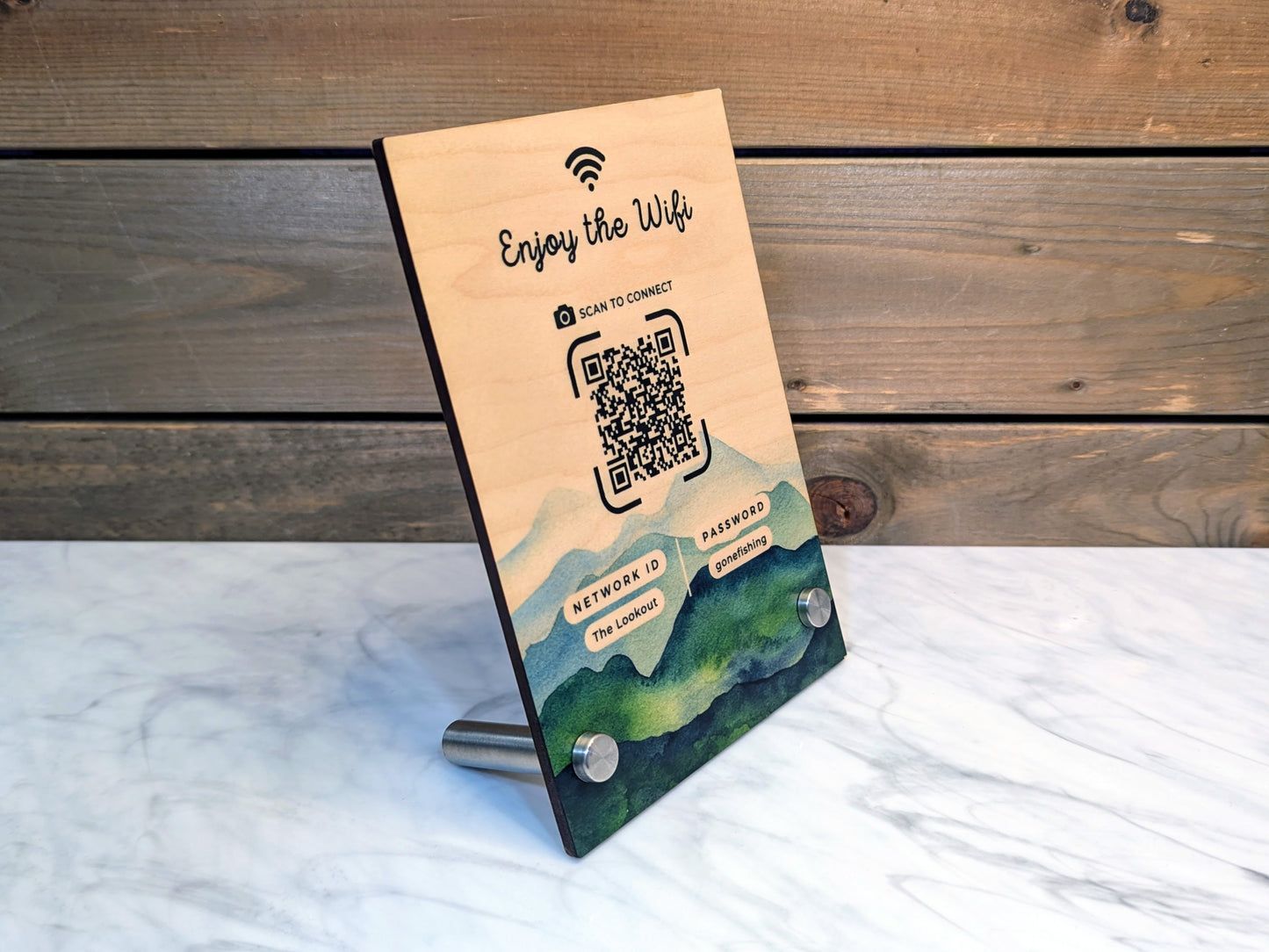 Wifi QR Code 5x7" Wood Sign - Mountains