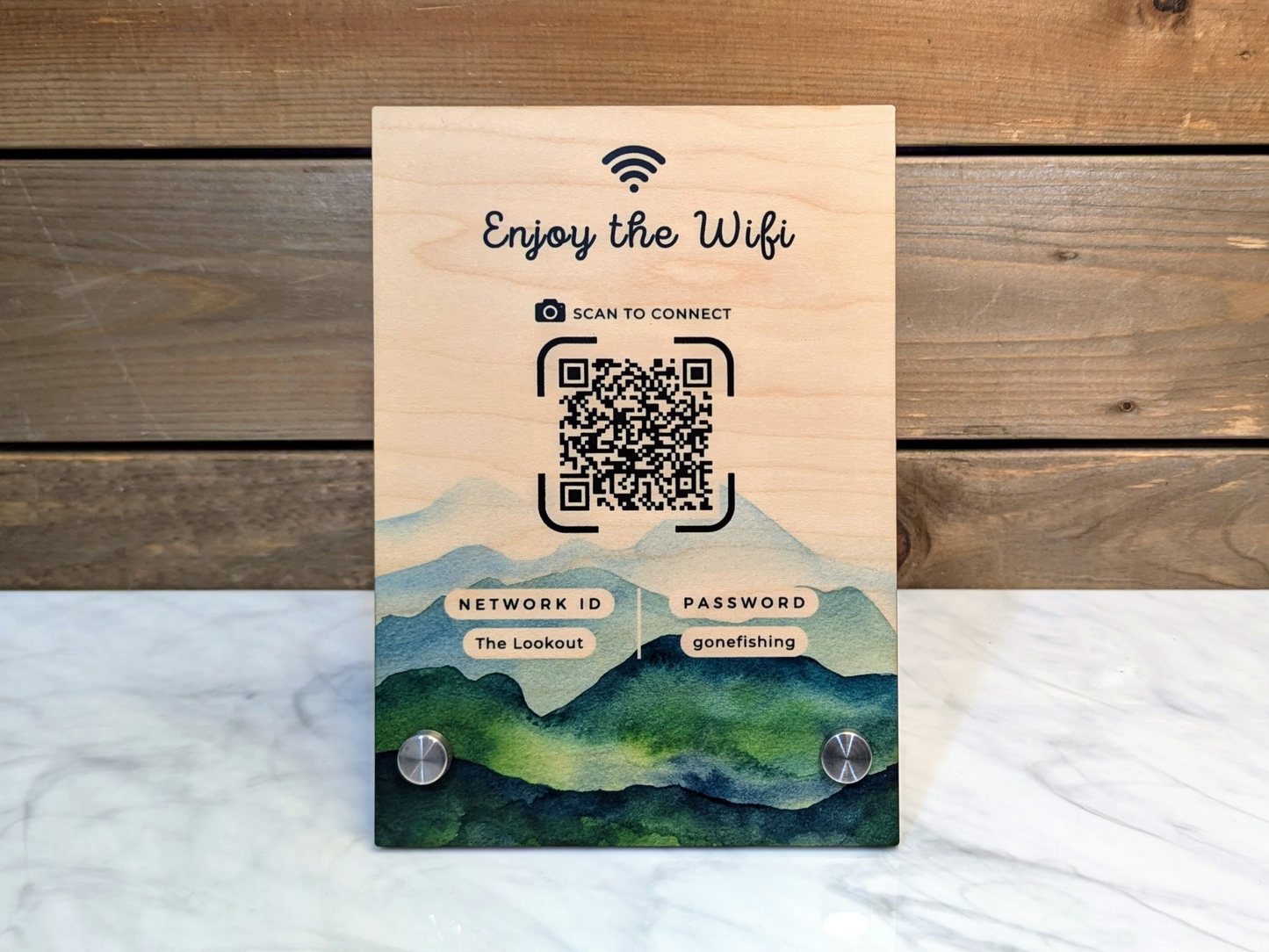 Wifi QR Code 5x7" Wood Sign - Mountains
