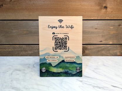 Wifi QR Code 5x7" Wood Sign - Mountains