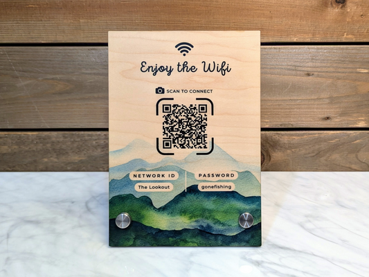 Wifi QR Code 5x7" Wood Sign - Mountains