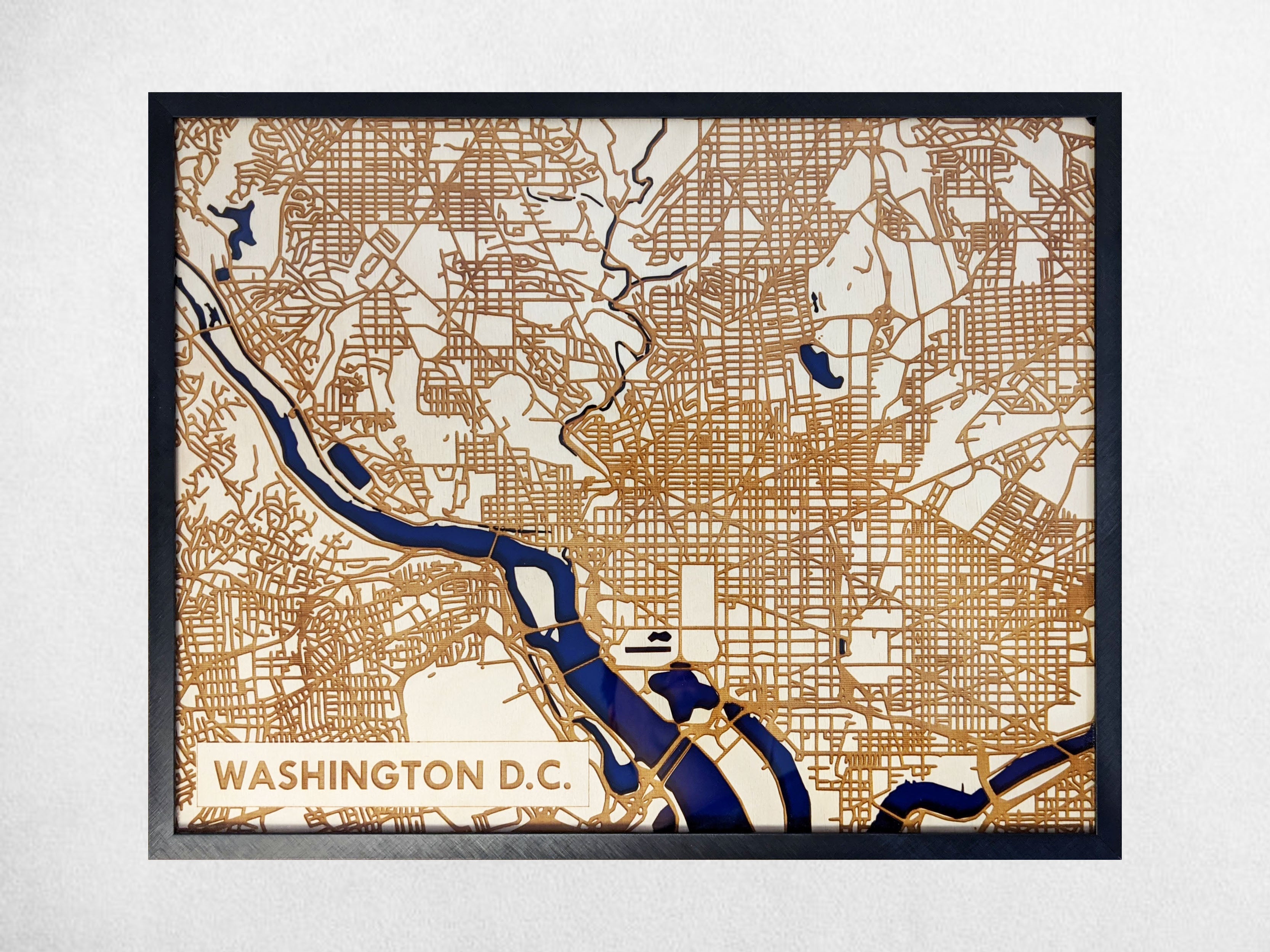 Washington, D.C. land and road map. retailer 16in by 20in made from layered Baltic Birch.